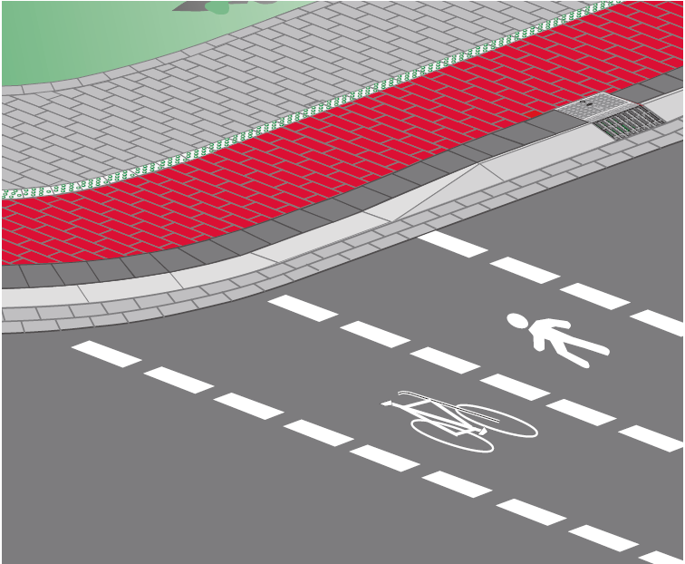 Fahrradbord Typ 1 - Integration des Fahrradbords Typ 1 in eine Hochbordanlage (Anlaufhöhe 7 cm).